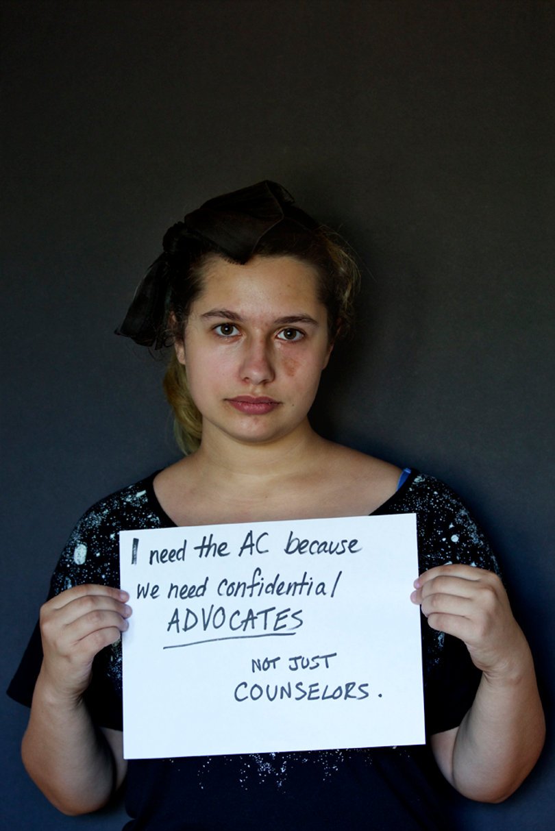 "I need the AC because we need confidential ADVOCATES. Not just counselors." - Soleil Young,  sophomore biology, anthropology and women's and gender studies triple major