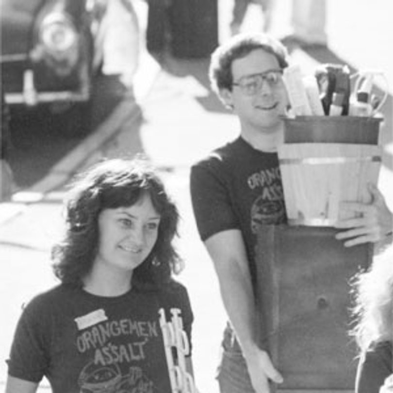 Volunteers from the 1980s carry incoming freshmen's belongings inside residence halls. The Goon Squad began helping freshmen move into their dorms in the late 1950s. 