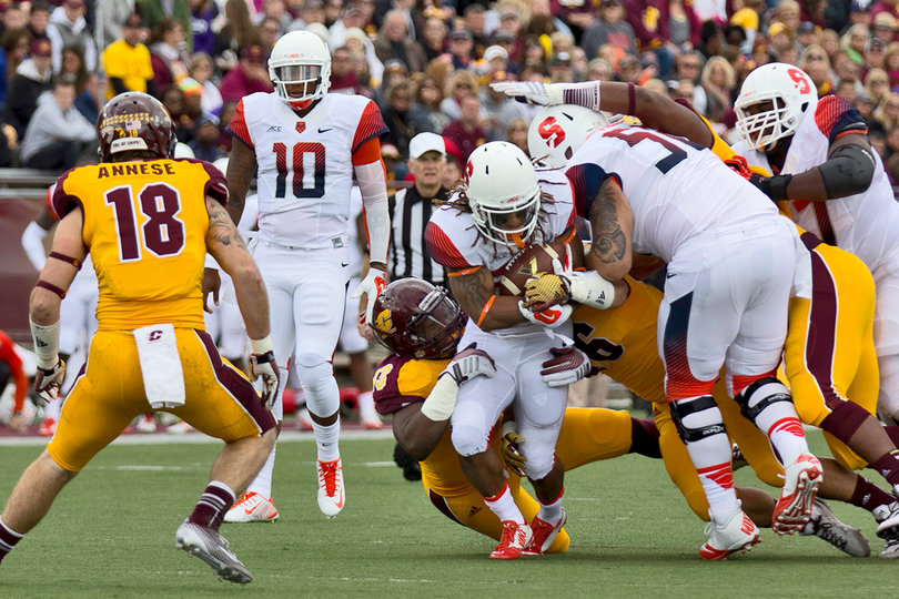 Fifth-year senior Prince-Tyson Gulley fights through the Chippewas' defense.