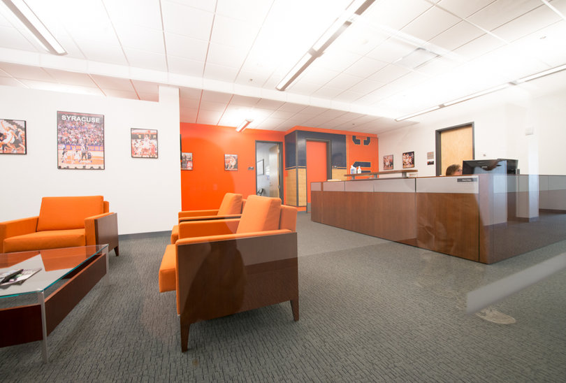The men's basketball coaches offices are on the second floor of the Melo Center and overlook the practice courts. 