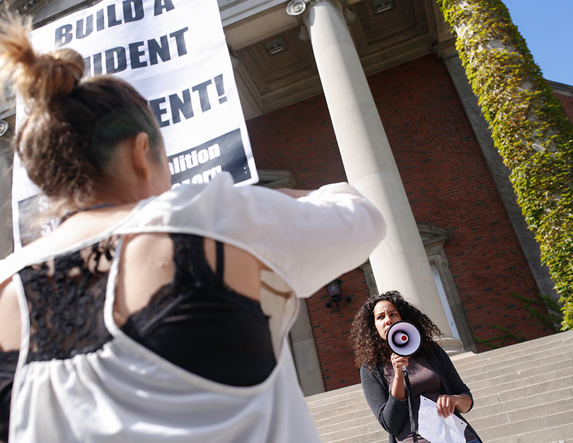 Yanira Rodriguez, a graduate student in composition and cultural rhetoric studies, was the first speaker at the Rally for Consent on the front steps of Hendricks Chapel on Wednesday. Protesters marched to Chancellor Kent Syverud’s office to hand him a 8,000 signature petition that was created this summer. 