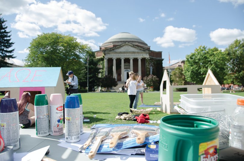 Habitat for Humanity provides spray paint, paintbrushes, and other supplies for Shack-A-Thon participants to use for decoration on the quad. "Putting the event on the Quad forces people on campus to face the issue of lack of affordable housing both in Syracuse and across the country," Executive Director Marvi Najam said. 