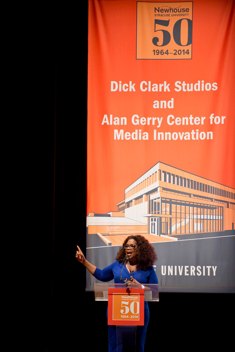 Oprah Winfrey addresses the crowd in Goldstein Auditorium. The reception in Goldstein preceded the ribbon cutting ceremony outside of the newly renovated studios.