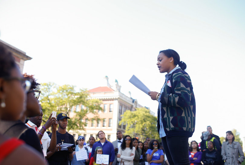 Anju Franklin, a senior biology and African American studies major, reads the list of demands to participants at the "Rally for a Difference" demonstration in front of the Life Sciences building on Friday.