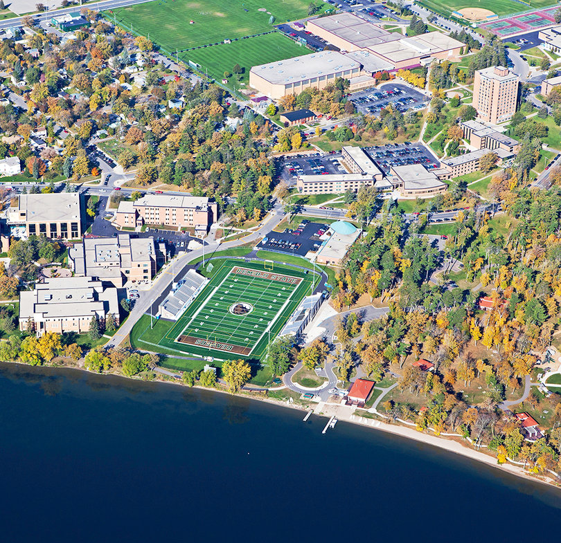 An overhead view of Chet Anderson Stadium and the Bemedji State campus shows how close the field is to Lake Bemedji. 