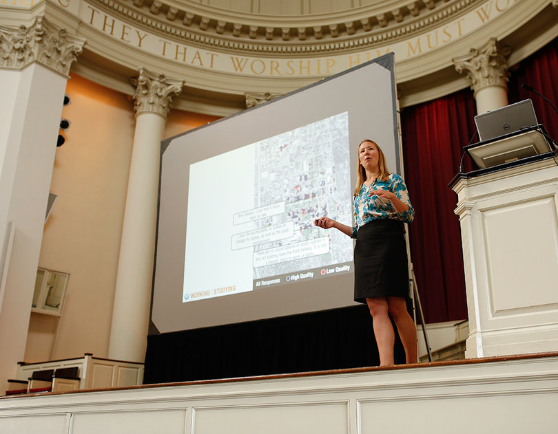 Maggie Dolan, a staff member of Sasaki Associates, presented the findings of the survey sent to Syracuse University students, staff and faculty this semester to collect information for the Campus Master Plan. 3,005 people responded to the survey.   