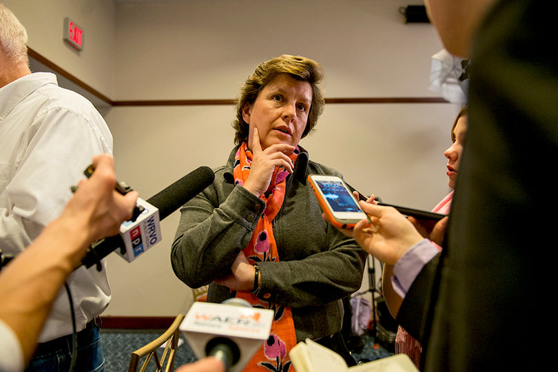 Syracuse mayor Stephanie Miner addresses the media Tuesday night in the OnCenter at Election Night Democratic Headquarters.