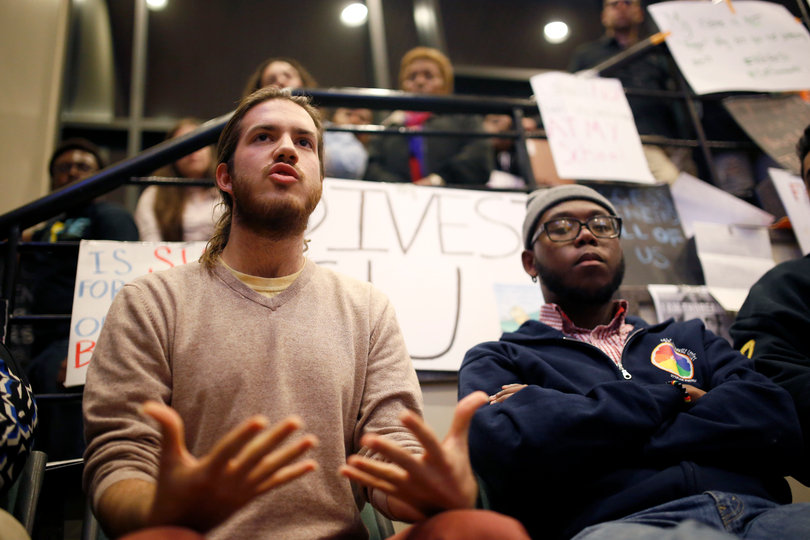 Miles Marcotte, a sophomore geography major, addresses the issue of the POSSE scholarship cuts to the Chancellor. 