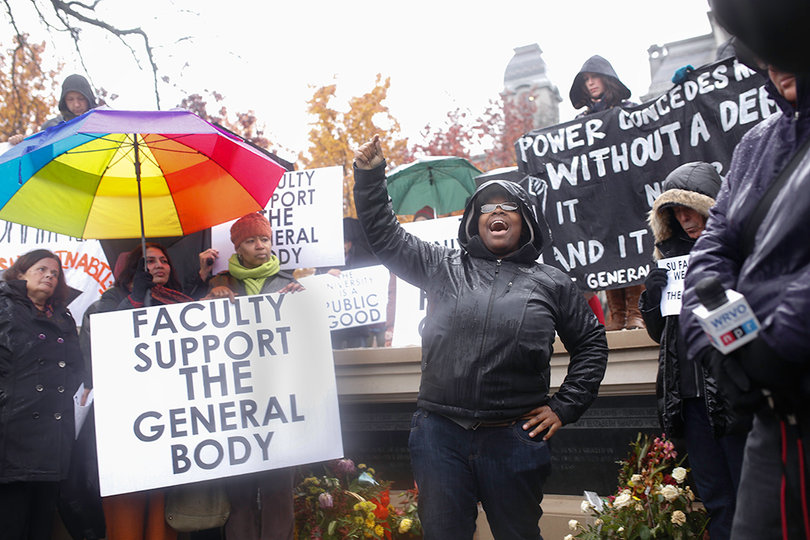 Nikeeta Slade,  third year graduate student in Pan African Studies makes a speech during the rally on Monday afternoon.