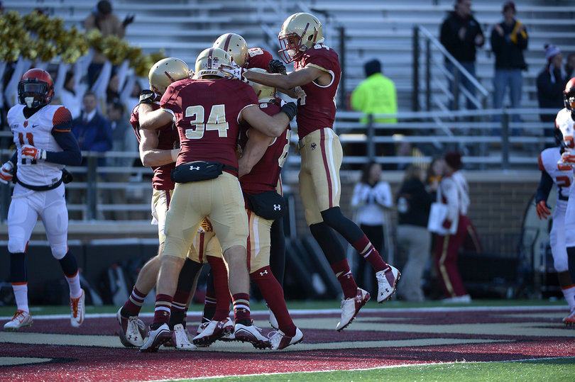 BC celebrates in the end zone after a second-half score put the game out of reach for the Orange.