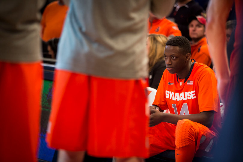 Joseph stares blankly while sitting on the bench in the second half. His 13-point effort wasn't enough for SU. 