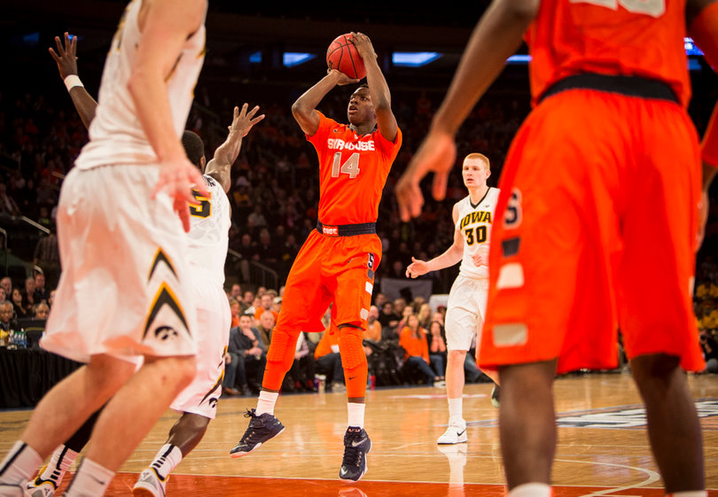 Joseph elevates for a free-throw-line jumper as an Iowa defender tries to get a hand in his face.