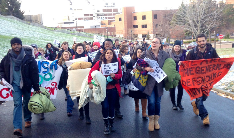 Student protesters ended their 18-day sit-in on Thursday afternoon by walking from where the sit-in was held in Crouse-Hinds to the steps of Hendricks Chapel where the protest began on Nov. 3.