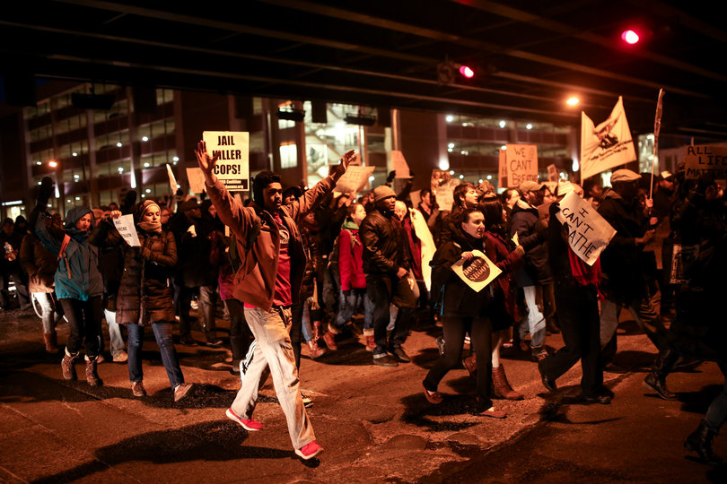Protesters march under the Interstate 81 underpass on their way to the Patrick J. Corbett Justice Center during the "March for Justice" event.