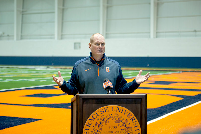 SU head coach Scott Shafer addresses the media from inside the indoor practice facility.