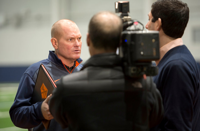 Shafer speaks with broadcaster Matt Park on Thursday. Despite coming off a 3-9, injury-plagued season, the facility offers the Orange another recruiting tool and another reason for optimism going forward.