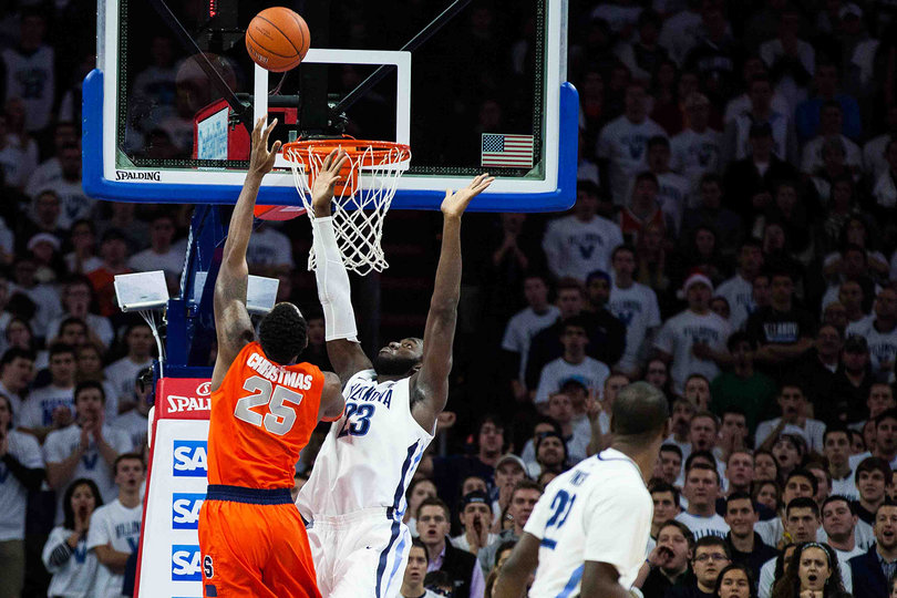 Rakeem Christmas puts up a left-handed hook shot over Daniel Ochefu. Christmas had foul trouble early, but returned to his effective self late in the first half. 