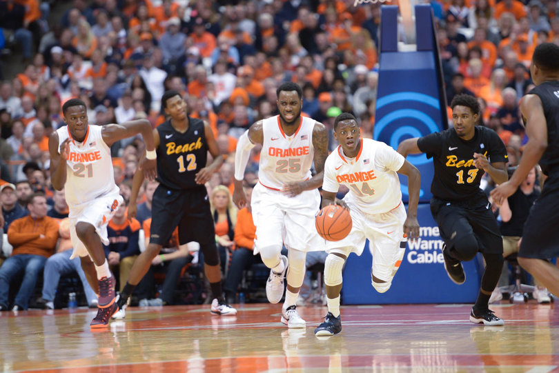 Joseph pushes the pace as Christmas and Roberson follow behind. The freshman point guard had eight points and seven assists, while only turning the ball over twice.