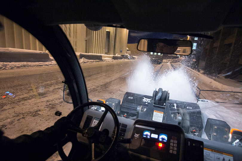 There are 14 miles of roads, 20.5 miles of sidewalk, 189 curb cuts, 22 handicap ramps, 678 stoops and entrance ways, 90 emergency entrances and 2,979 stair treads that need to be cleared around the SU campus.