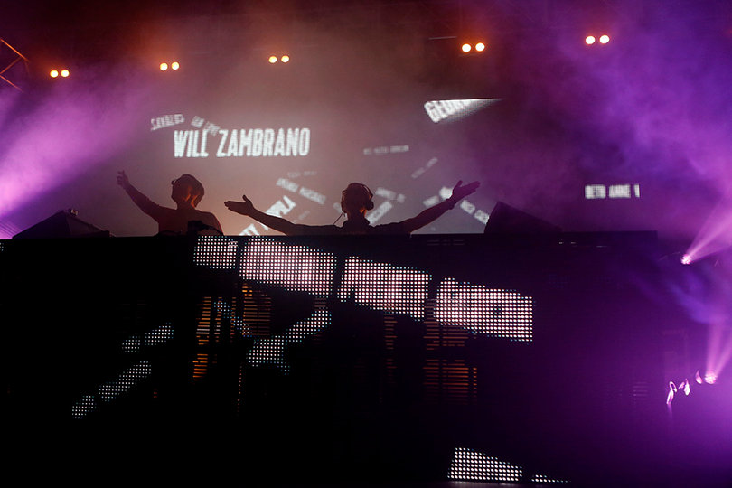 Paavo Siljamäki (left) and Tony McGuinness (right), two of the members of Above and Beyond, perform at the F-Shed on Wednesday night.