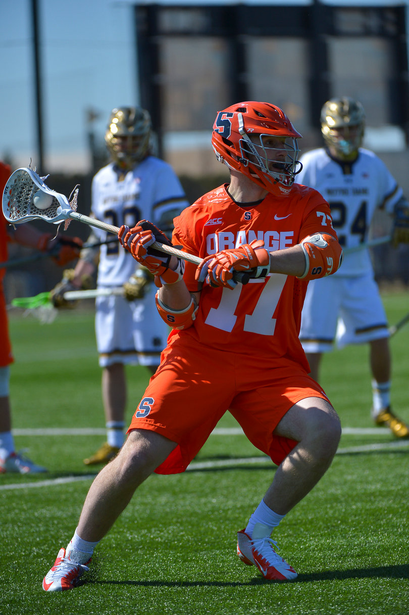 Syracuse midfielder Henry Schoonmaker looks to dish the ball.
