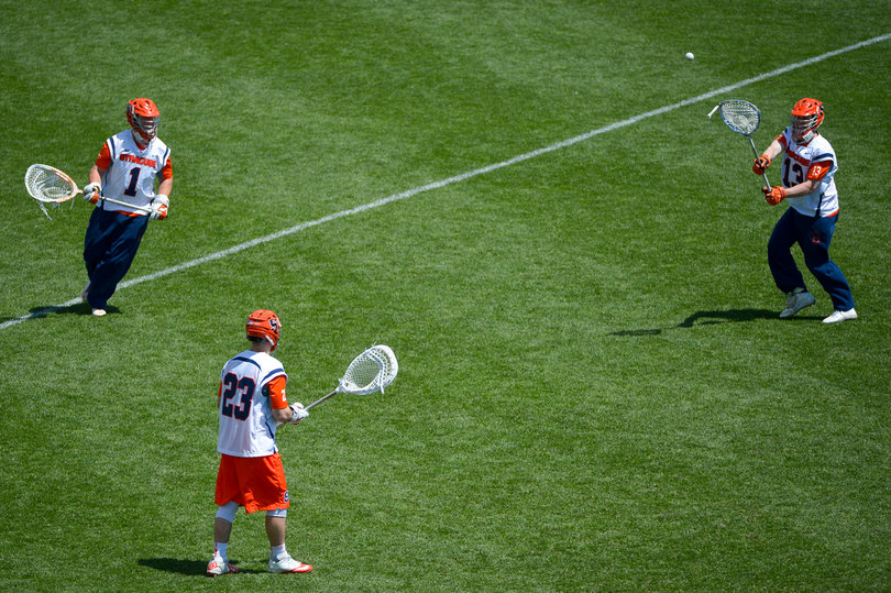The Orange's goalies toss a ball around during warm-ups.