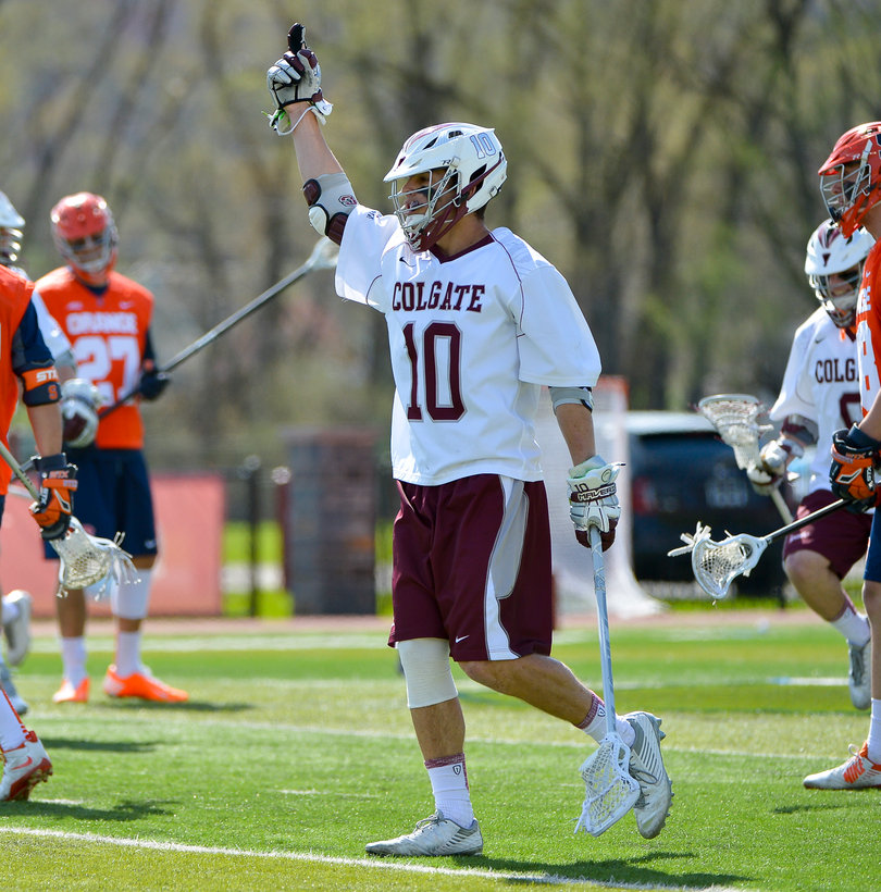 Matt Clarkson points to the sky during Colgate's 9-7 loss. 