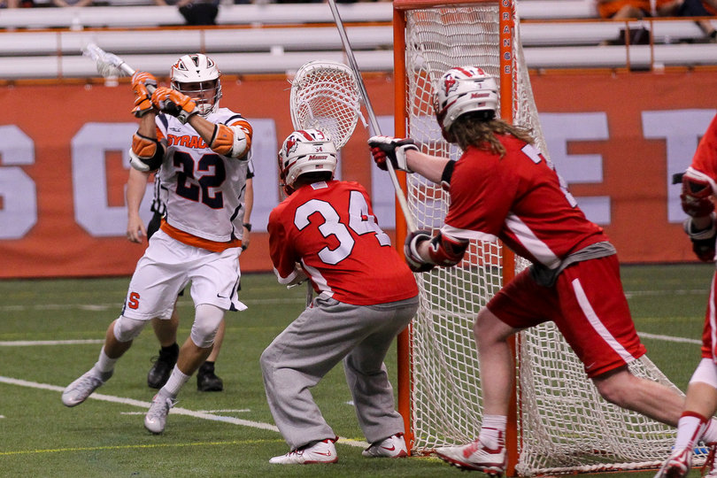 SU midfielder Jordan Evans attempts a shot. He had a career-high five goals on the night. He came in with six goals during his two-year career. 