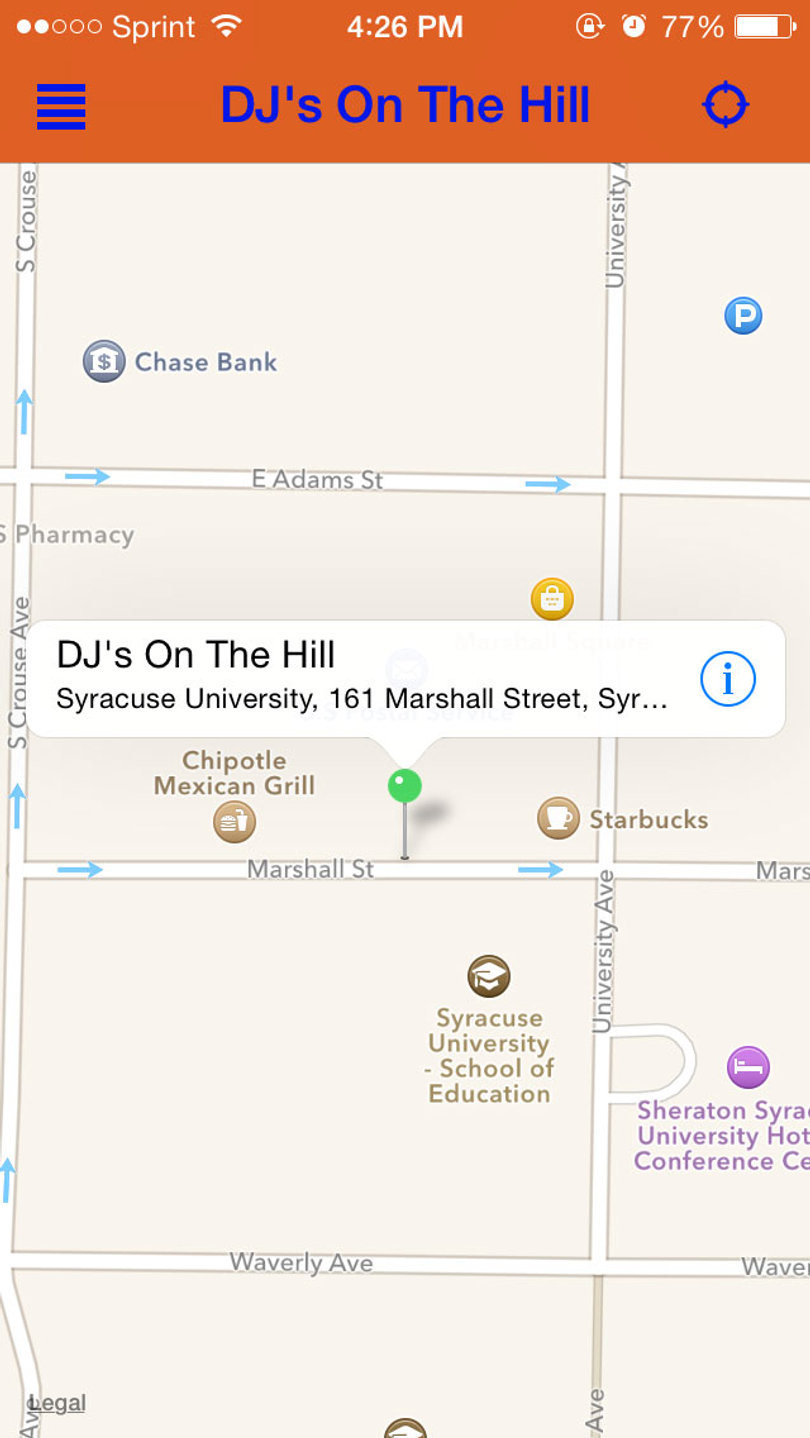 The app also includes a map with the bar's location on Marshall Street. 