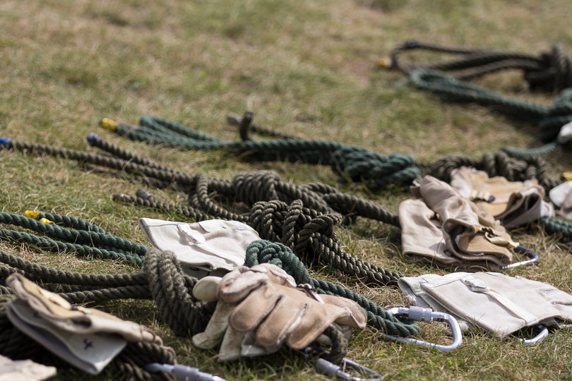 Players wore rope harnesses, a "D-ring" and gloves on Wednesday afternoon.