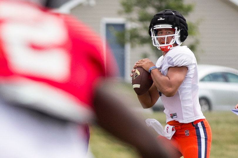 Sophomore quarterback Austin Wilson looks for an open receiver. After the scrimmage head coach Scott Shafer said he's competing for the backup QB spot.