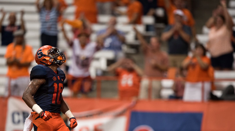 Dontae Strickland looks skyward during the football game. 