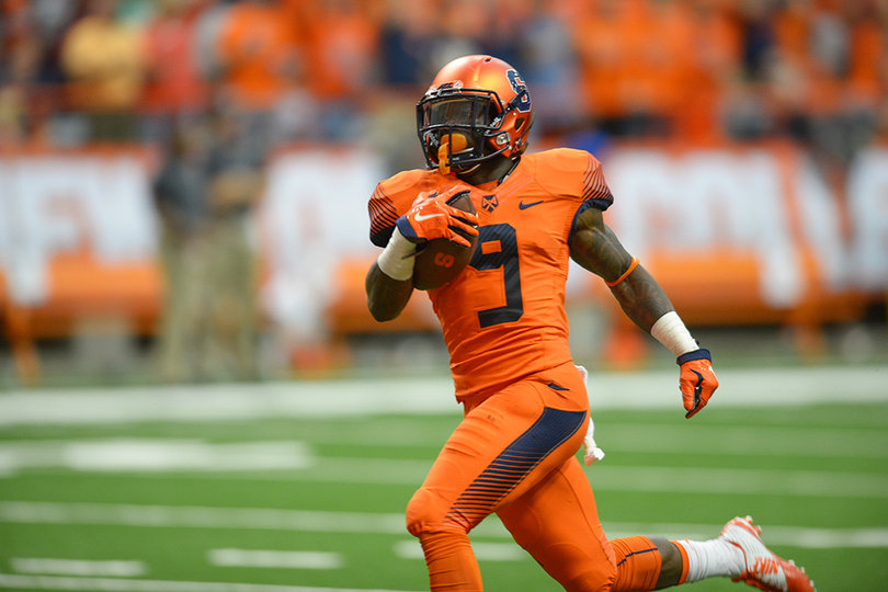 Estime carries the ball in the open field. He had two receptions for 98 yards.
