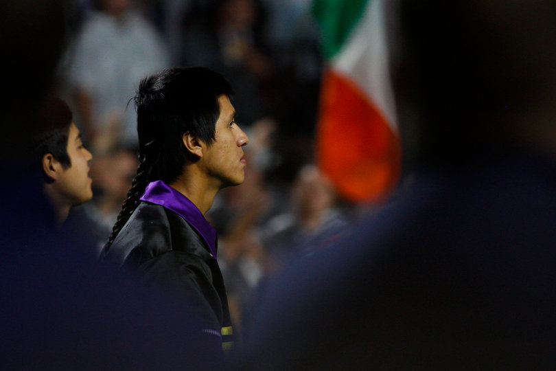 Lyle Thompson looks on during the opening ceremony.