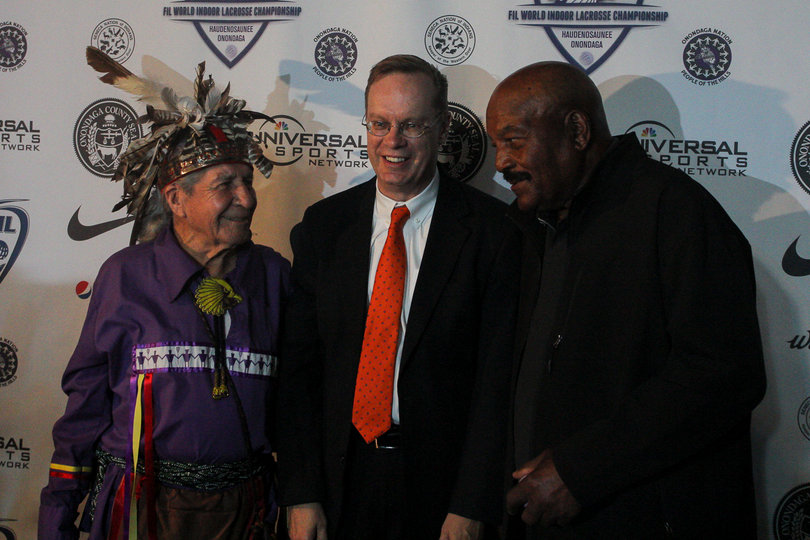 (From left) Oren Lyons, Chancellor Kent Syverud and Jim Brown pose for photos before the opening ceremony. Lyons, the namesake of Lyons Hall and Brown, a legendary former SU football and lacrosse player were teammates on Syracuse's 1957 lacrosse team.