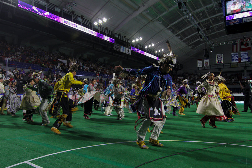 The opening ceremony featured Iroquois natives performing traditional dance steps.