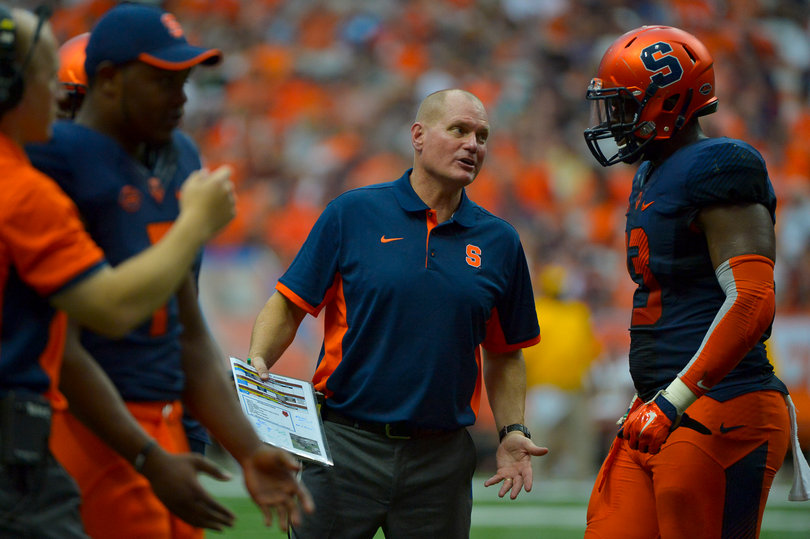 Shafer talks to his players. He made several references to the Orange's 3-0 record during his postgame press conference. 