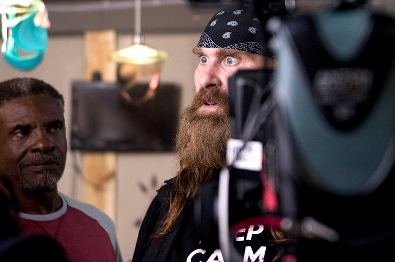 (from left) David Wilson and Bryniarski act out a scene. 