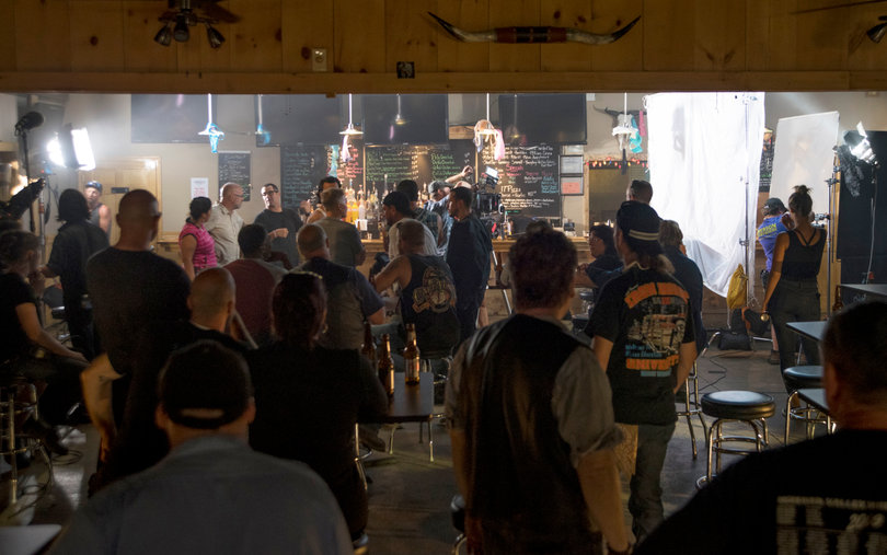 The film shot a bar fight in the studio, complete with fake-sugar beer bottles to break over actors heads. 