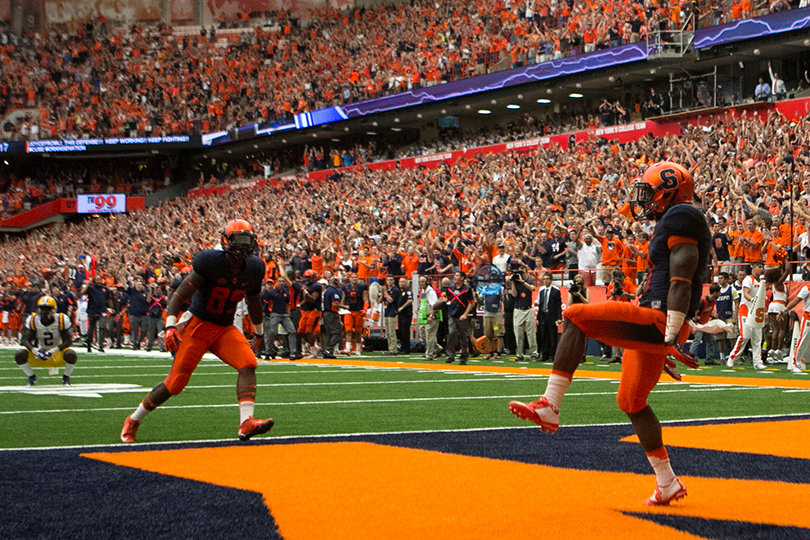 Estime celebrates after scoring SU's first touchdown of the game. The wide receiver racked up 261 all-purpose yards on 12 touches, including six kick returns, two punt returns, two catches and two rushes. 