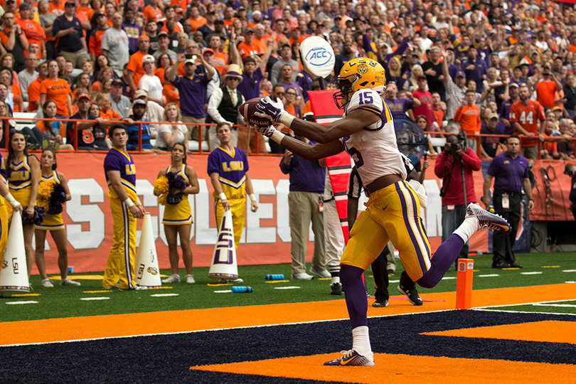 LSU wide receiver Malachi Dupre catches the Tigers' final touchdown of the game, making the score 31-17 late in the fourth quarter. 