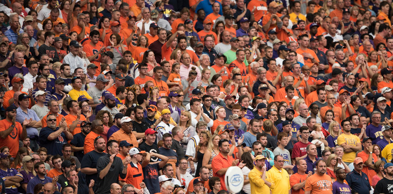 Syracuse fans sit in the bleachers watching the Orange take on No. 8 LSU on Saturday.