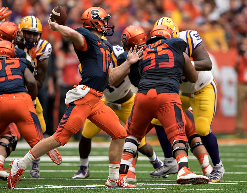 Mahoney preps to throw. He had three touchdowns in his first career start for Syracuse.