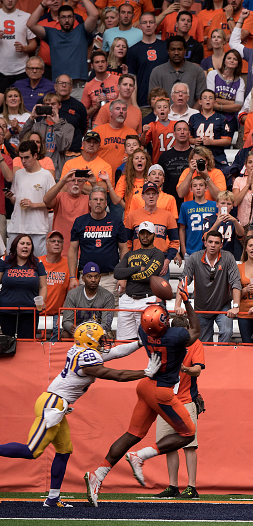 Syracuse's Jamal Custis hauls in a ball in the end zone, but couldn't get his foot down in bounds for it to count.