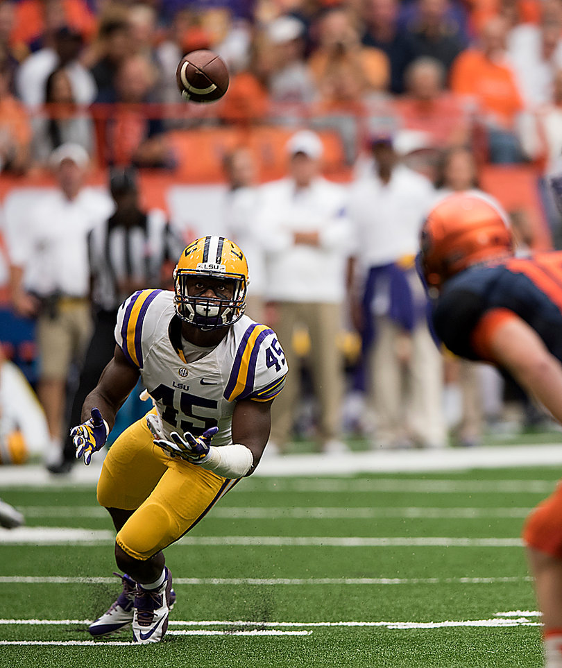 LSU's Deion Jones intercepts Mahoney in the fourth quarter. Jones was suspended for the first half of the game after targeting an opponent last week.