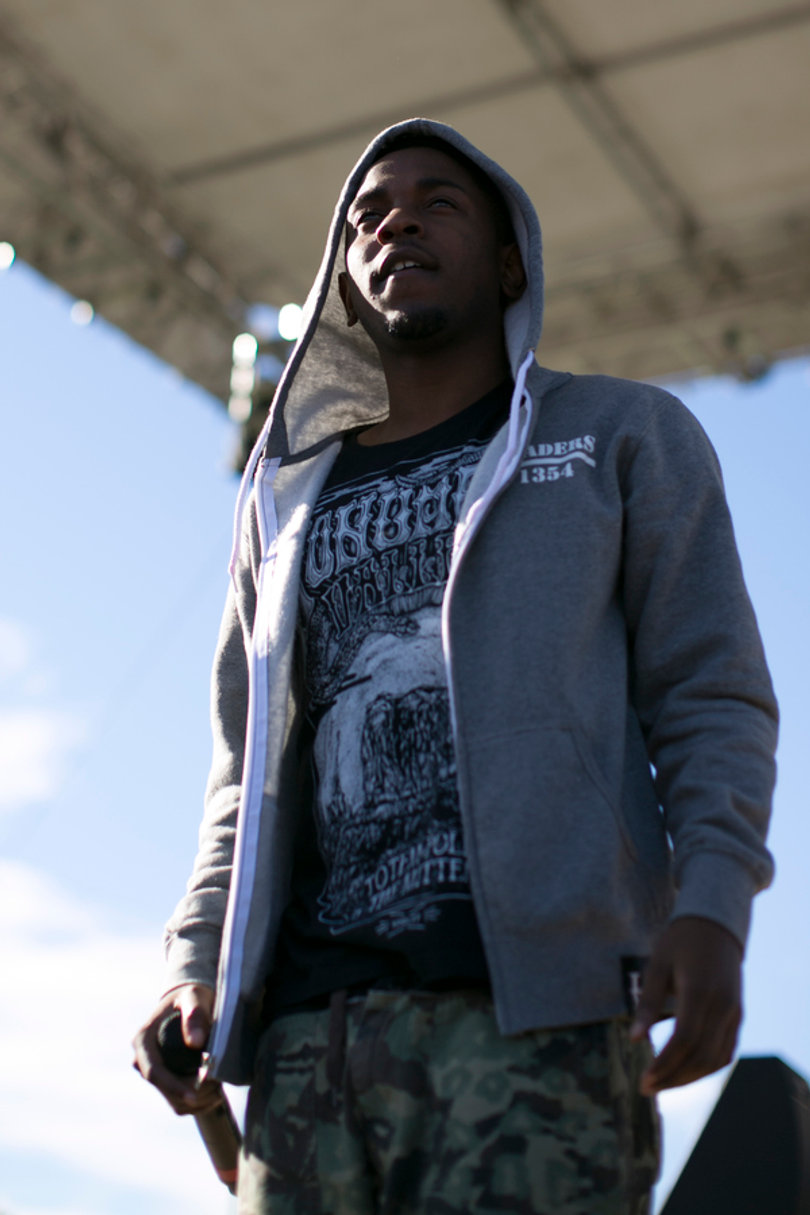 Kendrick Lamar took a break from his set and looks out at the crowd.