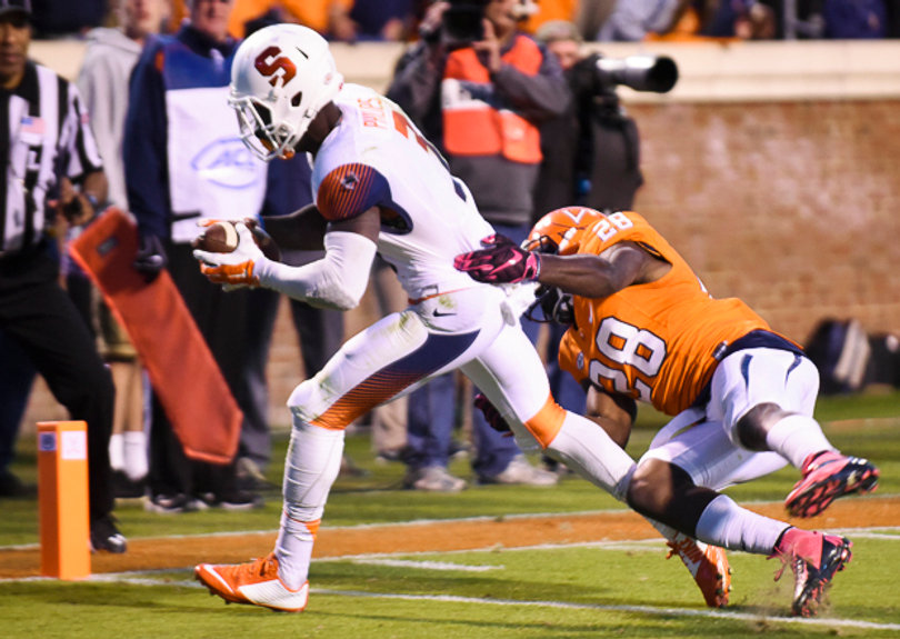 Ervin Philips beats UVA safety Wilfred Wahee to the end zone and scores SU's first touchdown of overtime.