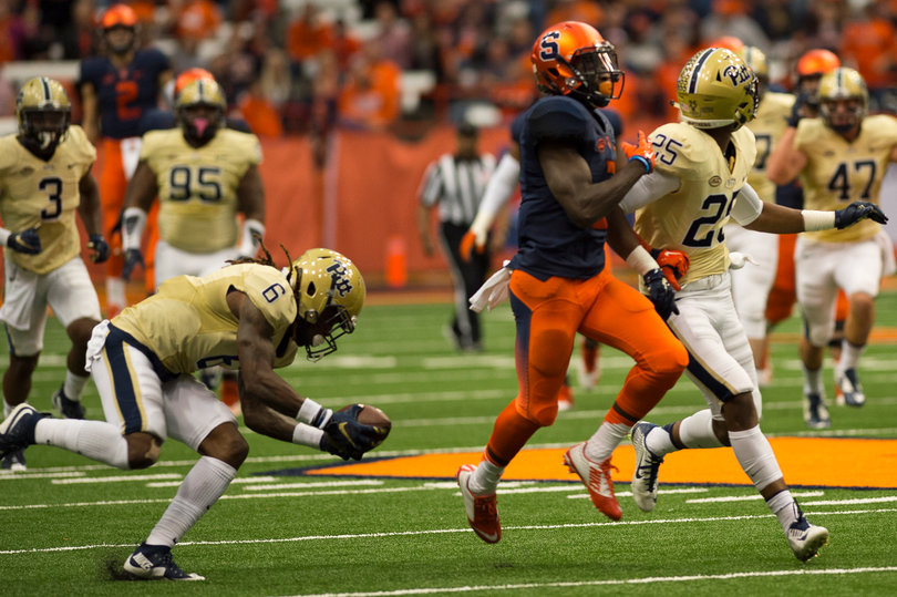 Dungey throws his second interception of the game to Pittsburgh defensive back Lafayette Pitts. 