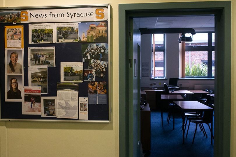 A bulletin board with updated information about the current year’s Lockerbie Scholars in a hallway in Lockerbie Academy in Lockerbie, Scotland on Oct. 16. 
