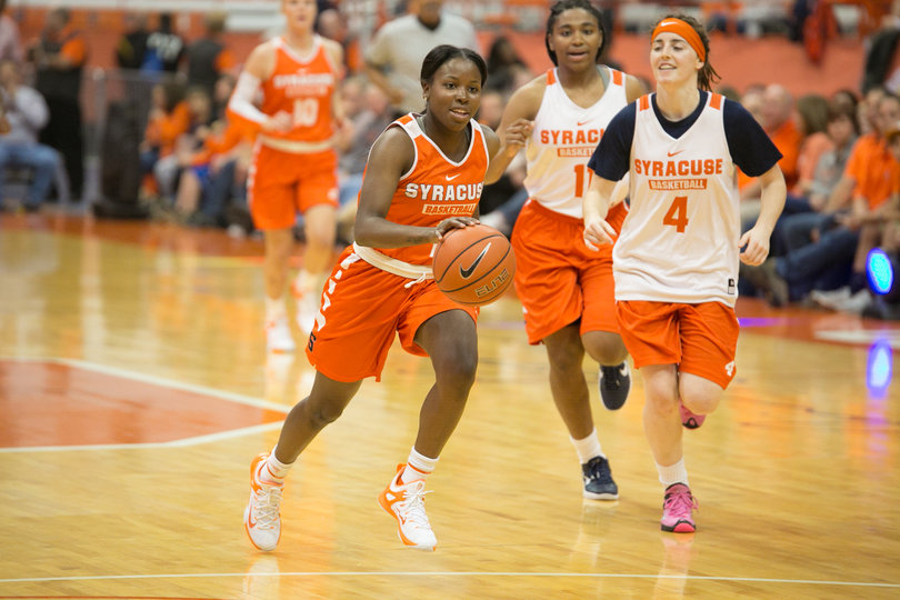 Junior point guard Alexis Peterson dribbles in transition. She led SU in scoring last season with 16.2 points per game.